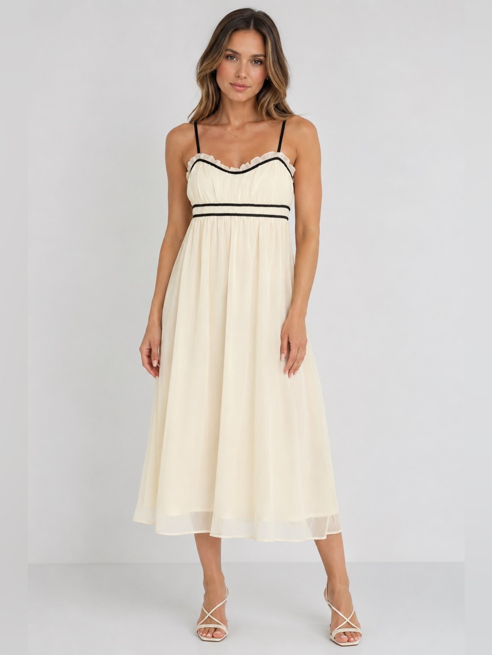 ARULA Cream Midi Dress with Black Trim and Spaghetti Straps Size L